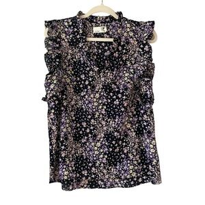 Everleigh black with purple and yellow floral w ruffle cap sleeve blouse. Size M